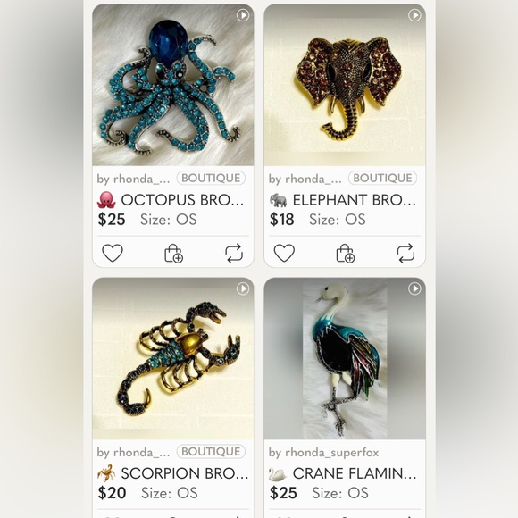 Jewelry - 🐙 4 PIECE BROOCH LOT Octopus Crane Scorpion Elephant PRIVATE LISTING